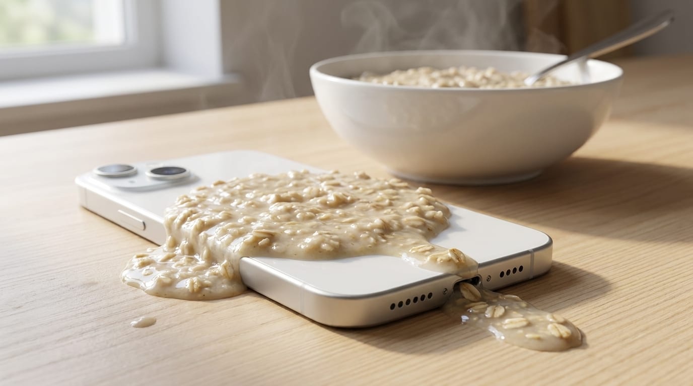 An iPhone 15 on a kitchen worktop with thick porridge spilled across it, oats seeping out of its charging port, a steaming bowl of porridge behind