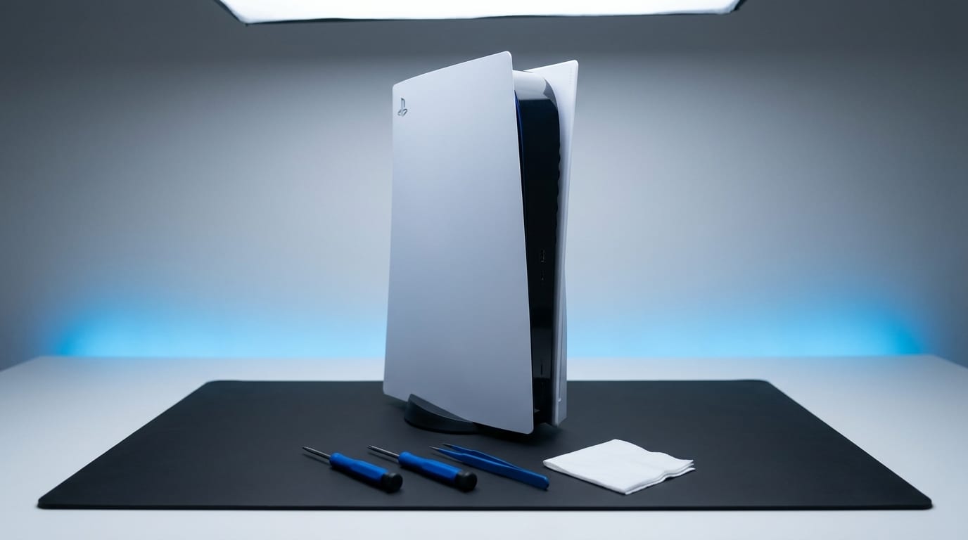 A white PlayStation 5 console standing upright on a matte black anti-static repair mat, with blue-handled precision tools laid out in front of it
