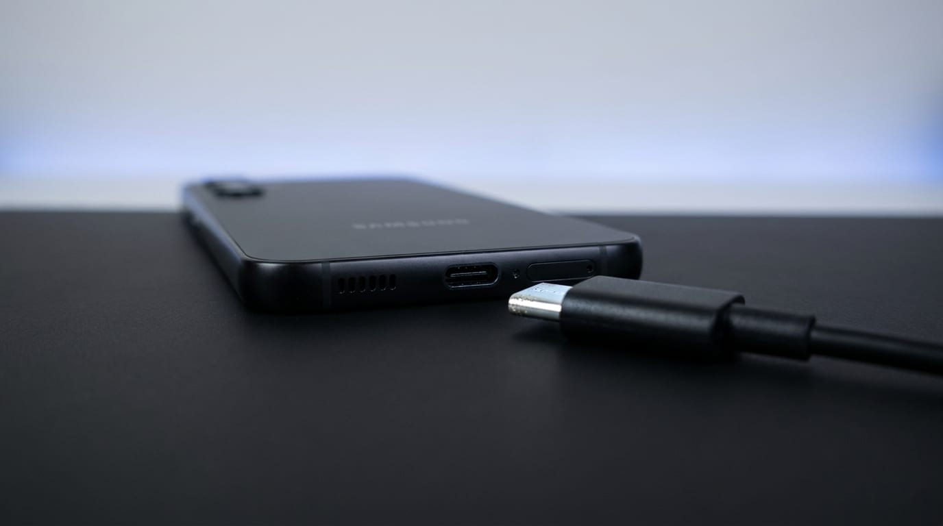 Close-up of the USB-C charging port on a black Samsung Galaxy phone lying on a black anti-static repair mat, with the metal tip of a charging cable resting in front of it