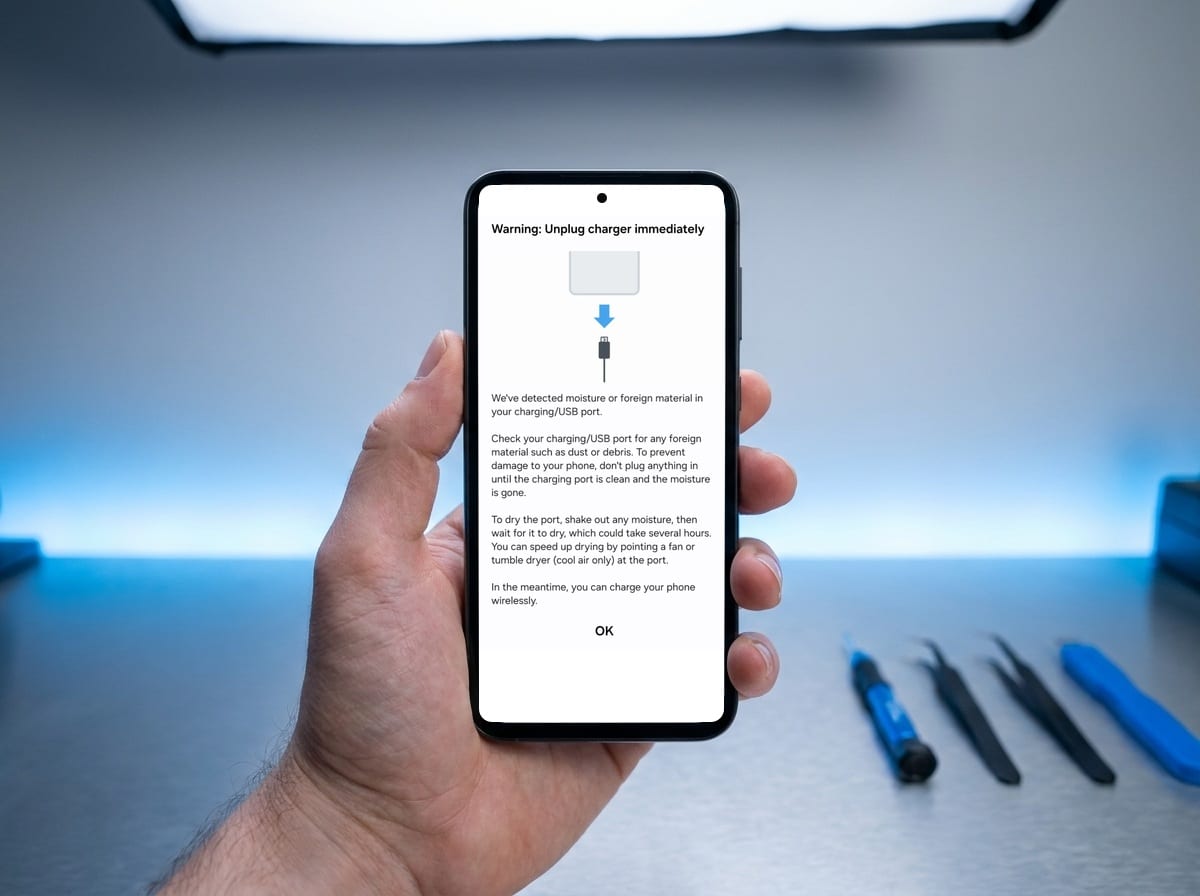 A hand holding a black Samsung Galaxy phone showing the warning: Unplug charger immediately — we've detected moisture or foreign material in your charging/USB port