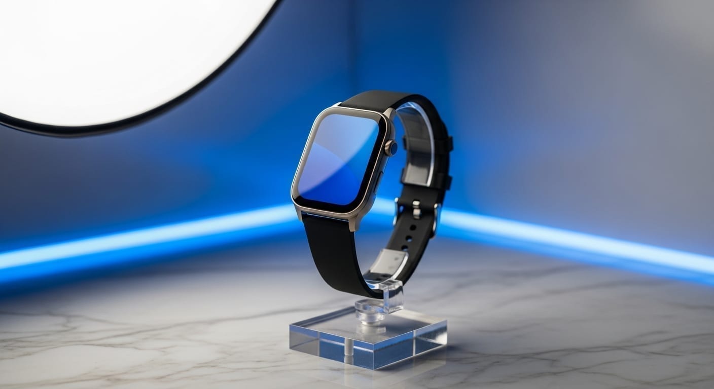 Clean studio product shot of Apple Watch devices on display at the MTM IT workshop