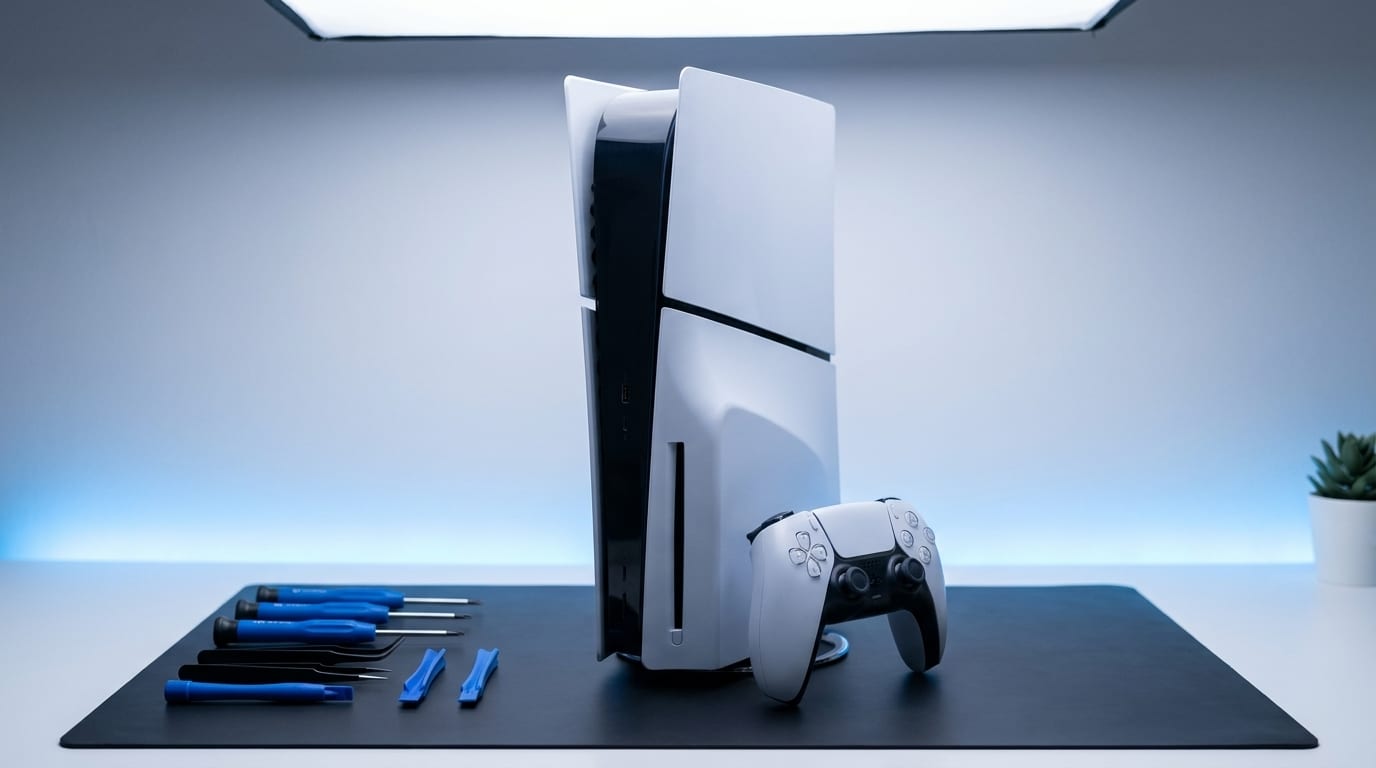 Clean studio product shot of Games Console devices on display at the MTM IT workshop