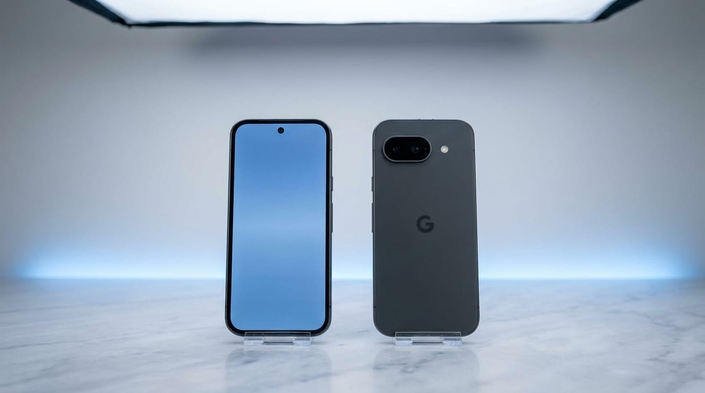Clean studio product shot of Google Pixel devices on display at the MTM IT workshop