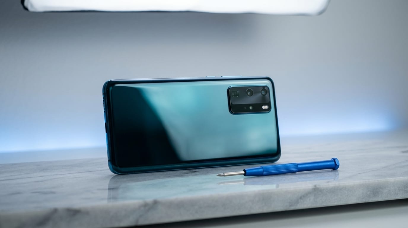 Clean studio product shot of Huawei devices on display at the MTM IT workshop