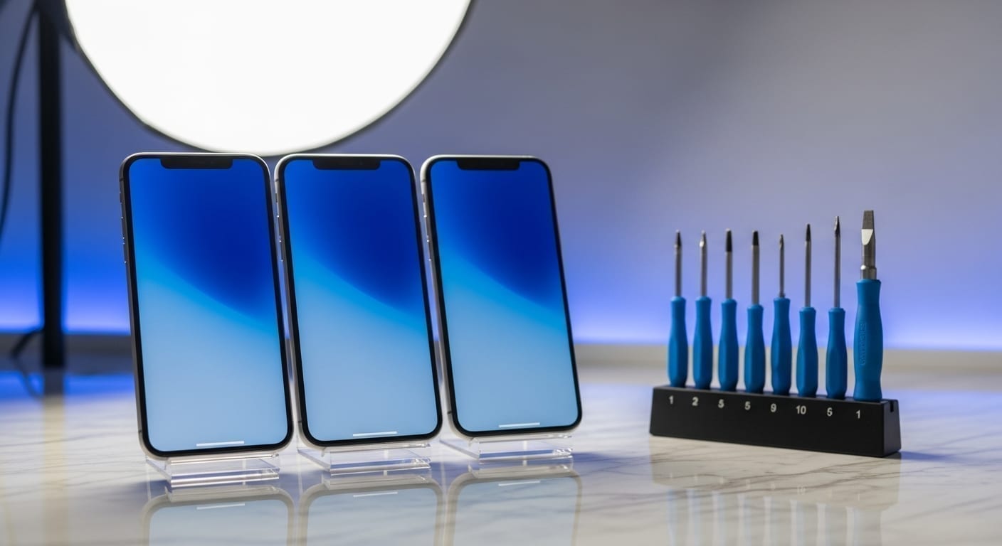 Clean studio product shot of iPhone devices on display at the MTM IT workshop