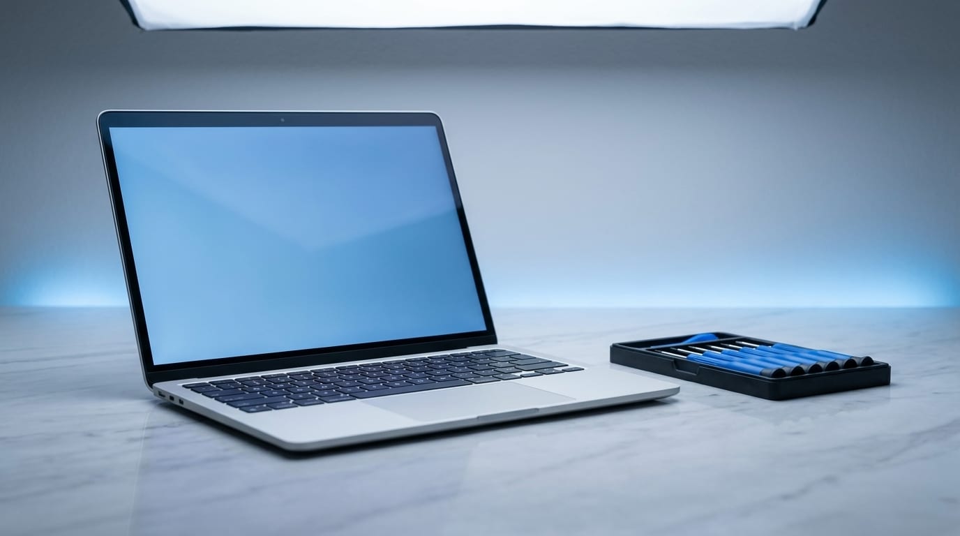 Clean studio product shot of MacBook devices on display at the MTM IT workshop
