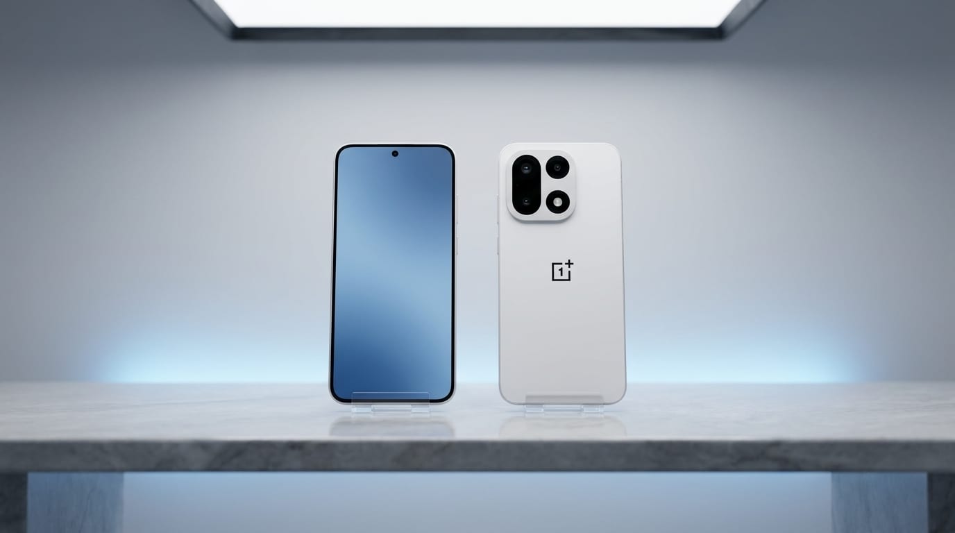 Clean studio product shot of OnePlus devices on display at the MTM IT workshop
