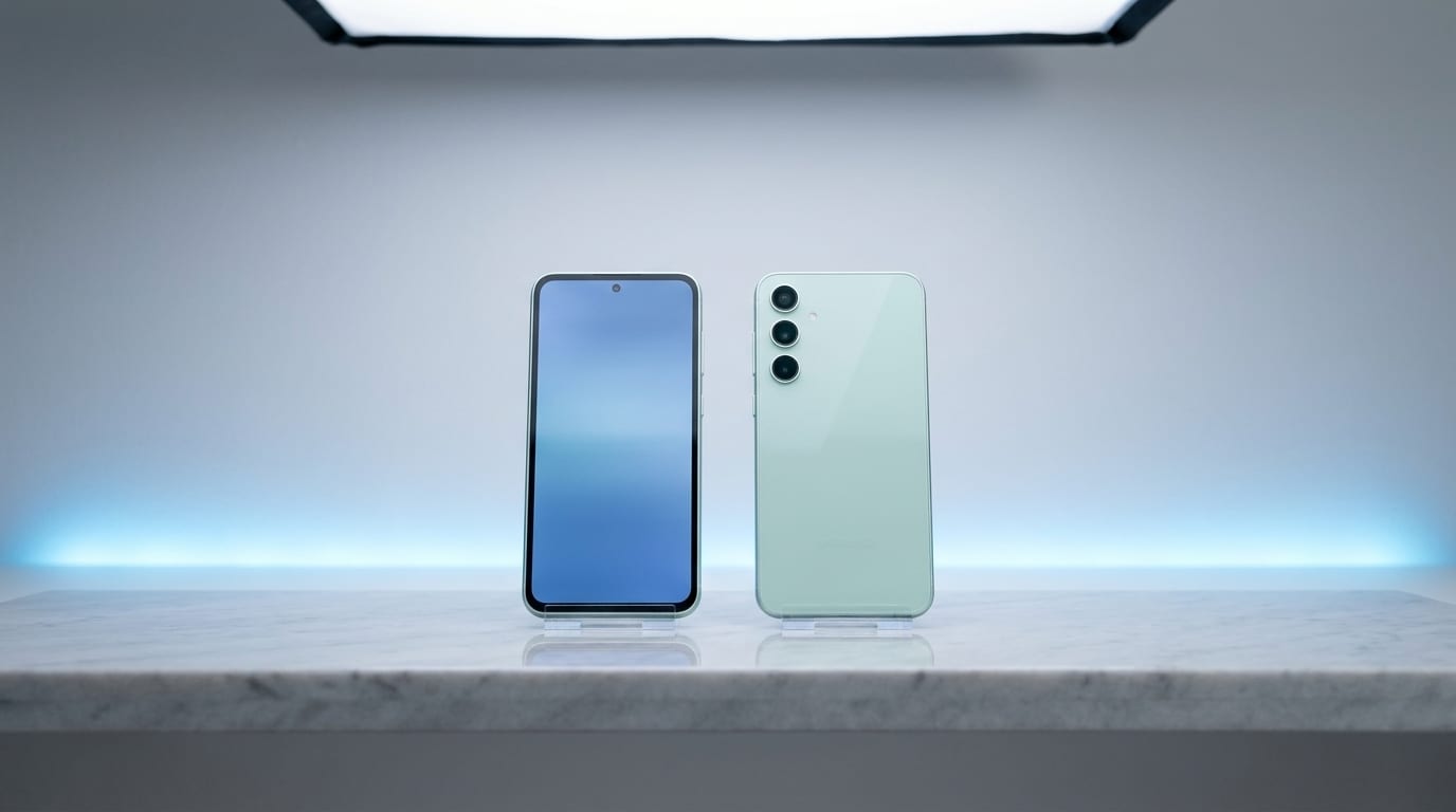 Clean studio product shot of Samsung devices on display at the MTM IT workshop