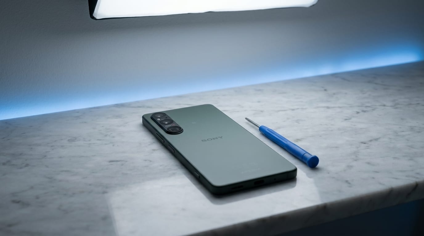 Clean studio product shot of Sony Xperia devices on display at the MTM IT workshop