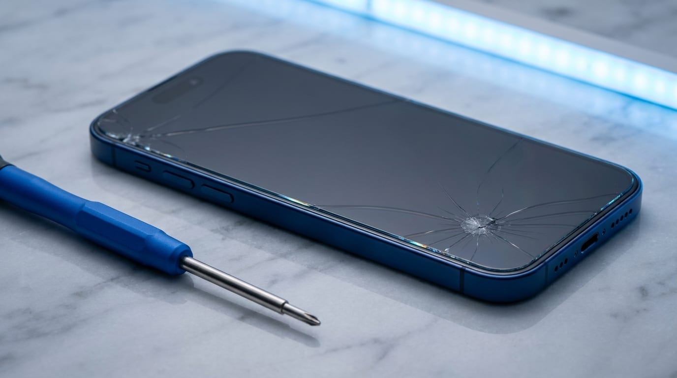 A Deep Blue iPhone 17 with a smashed screen on a marble workbench beside a repair screwdriver