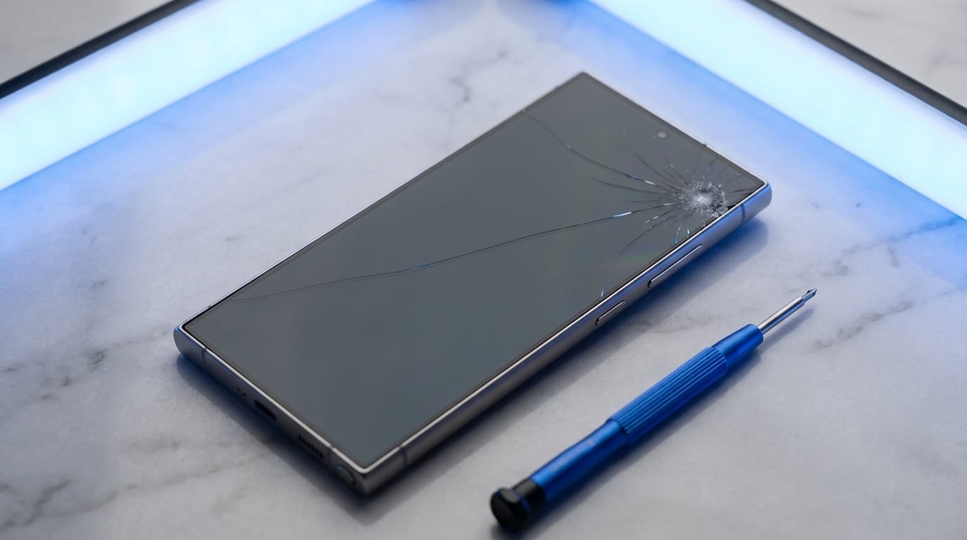 A Samsung Galaxy with a smashed screen on a marble workbench beside a repair screwdriver