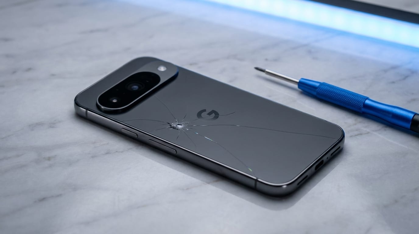 A Google Pixel with a cracked screen on a marble workbench beside a repair screwdriver