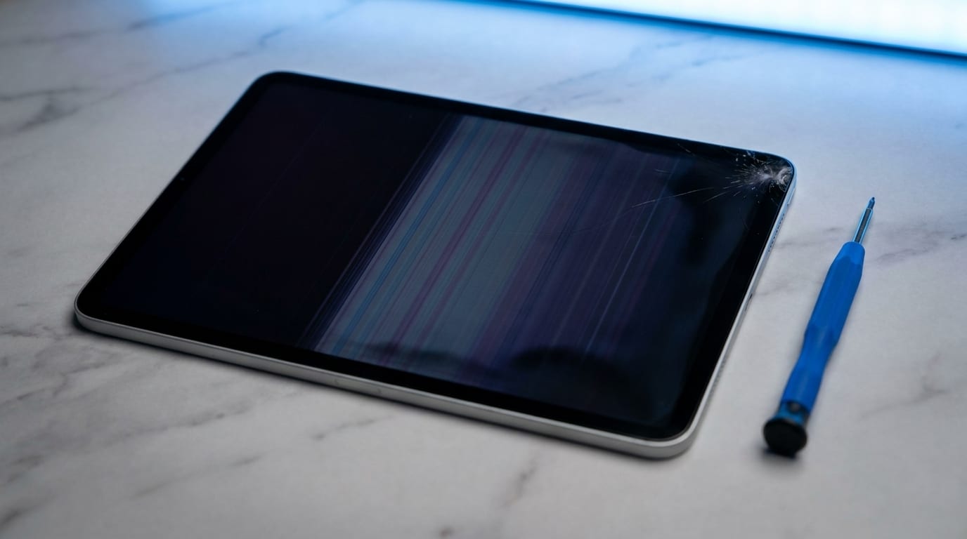 An iPad Pro with a broken LCD display showing coloured lines on a marble workbench beside a repair screwdriver