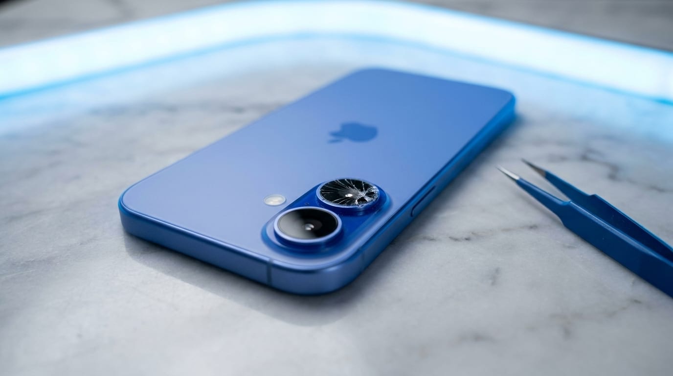 An Ultramarine iPhone 16 with a cracked rear camera lens on a marble workbench beside repair screwdrivers