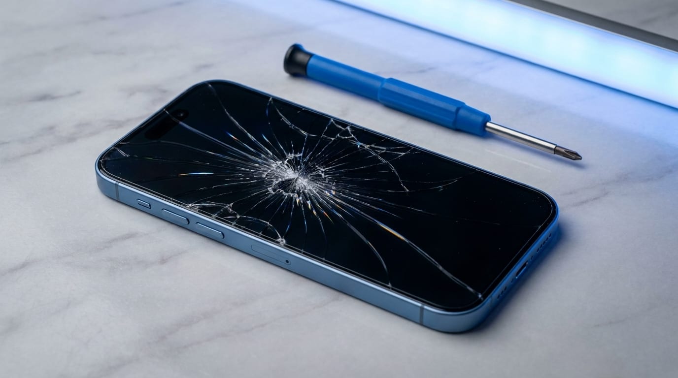 A smashed iPhone 15 screen on a marble workbench beside a repair screwdriver