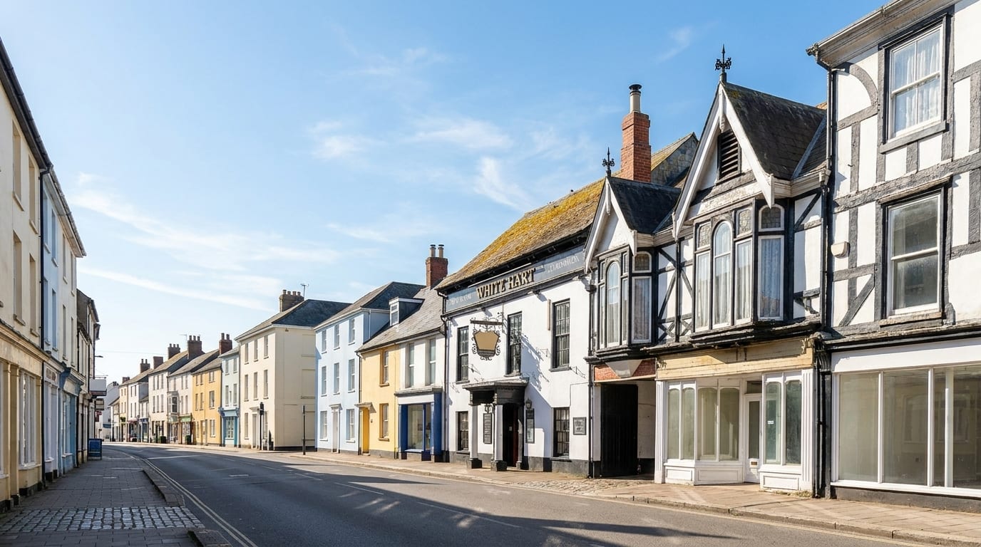 Colour-washed Georgian shopfronts along the historic high street in Cullompton, Devon