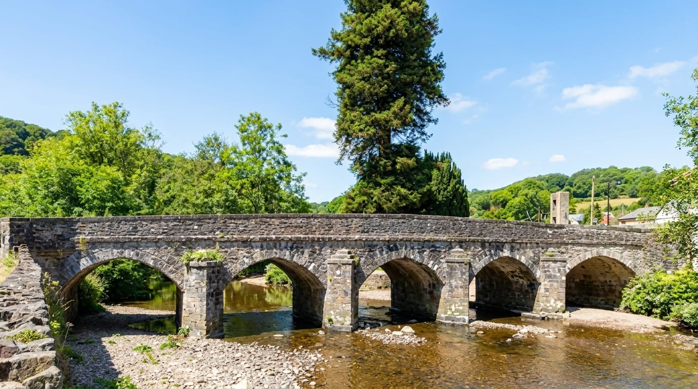 The medieval stone Barle Bridge in Dulverton, Somerset, with wooded Exmoor hills behind