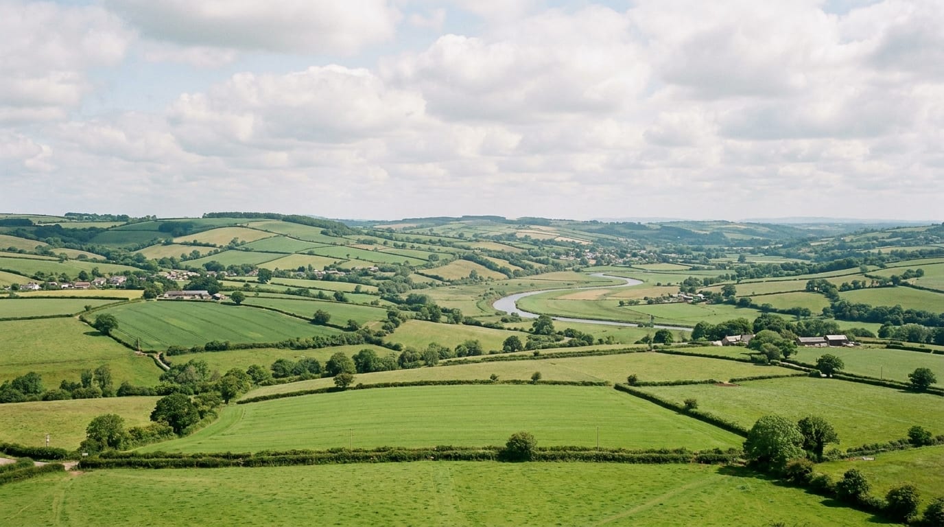 Rolling green farmland and the Exe Valley across the Mid Devon countryside