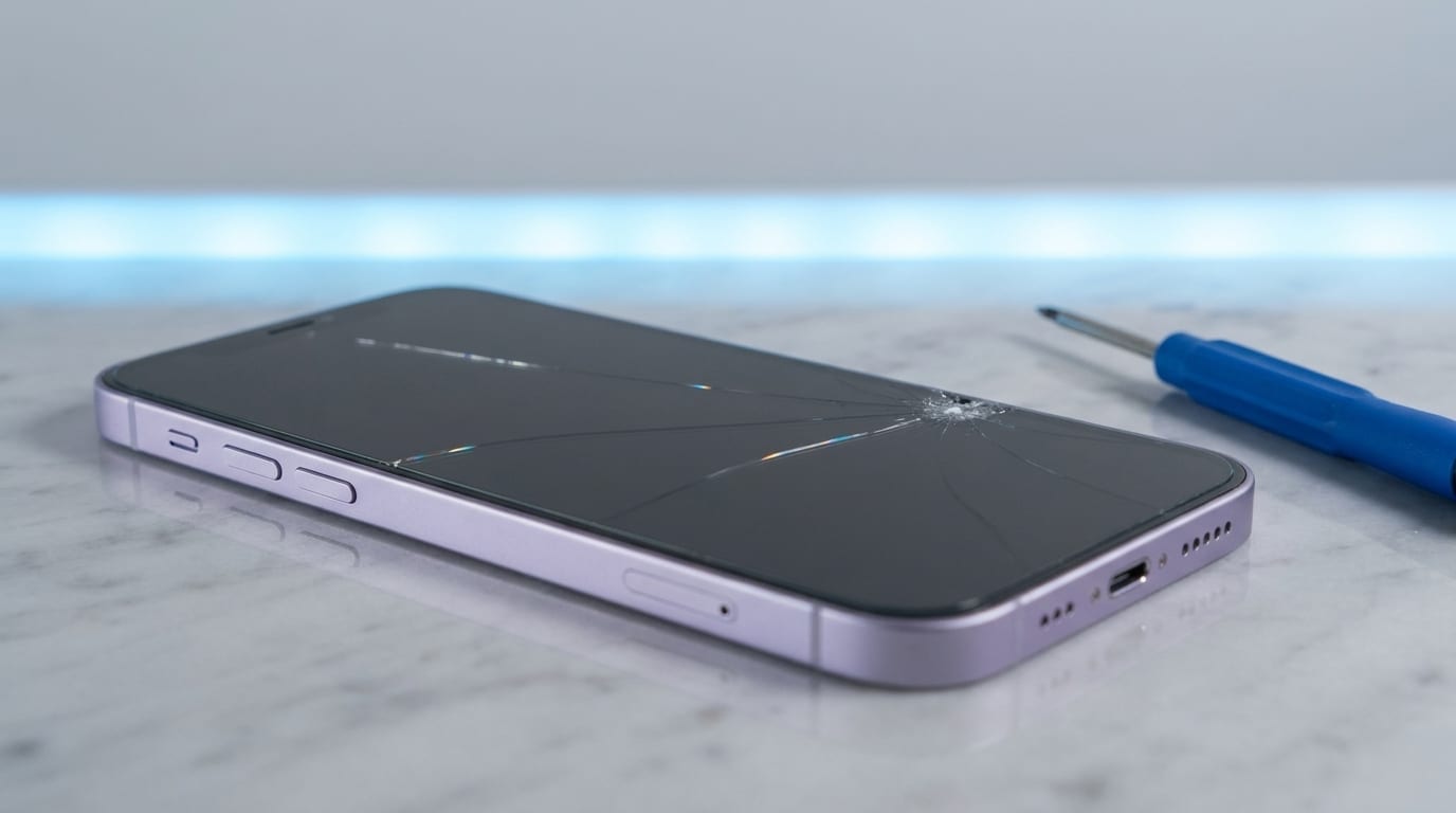 A purple iPhone 12 on a marble workbench with a cracked front display, beside a blue-handled repair screwdriver