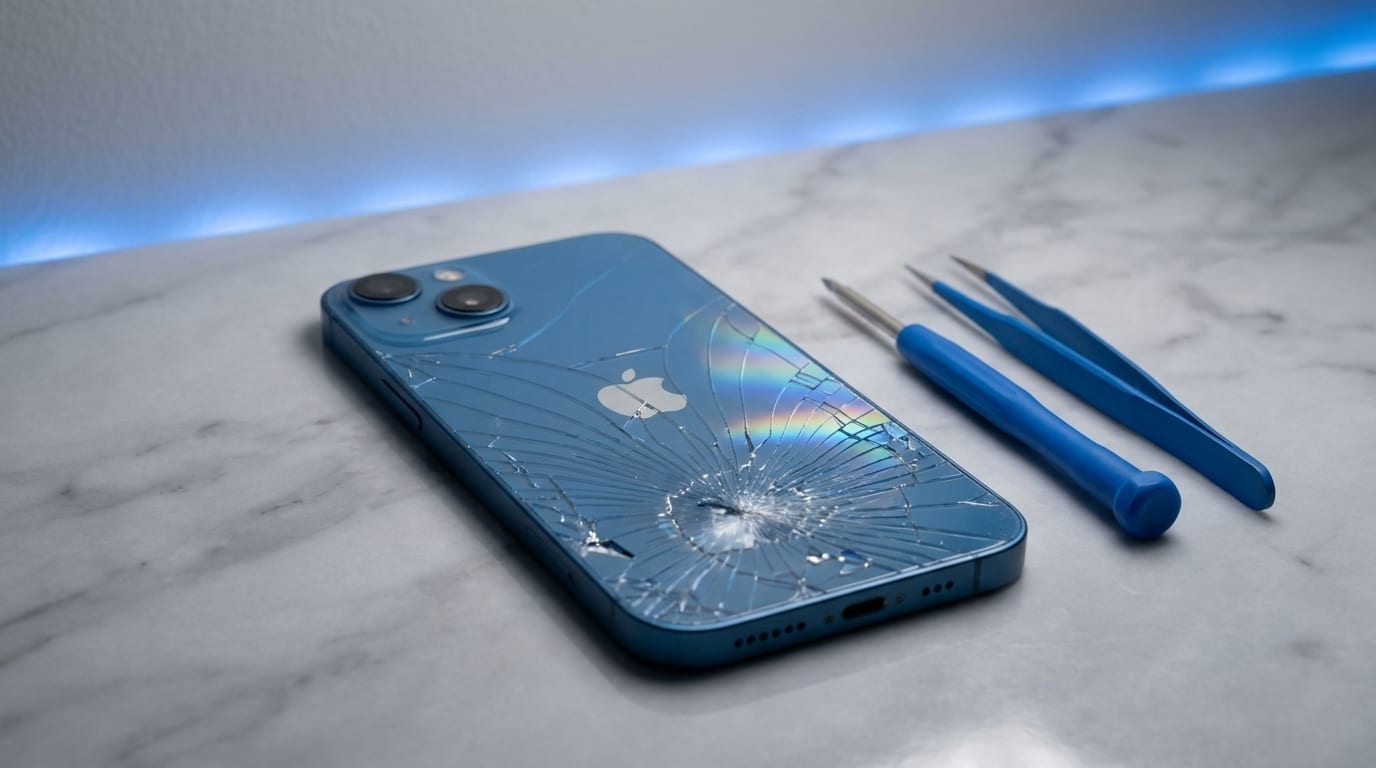 A blue iPhone 13 face-down on a marble workbench showing a cracked rear glass panel, beside blue-handled repair tools