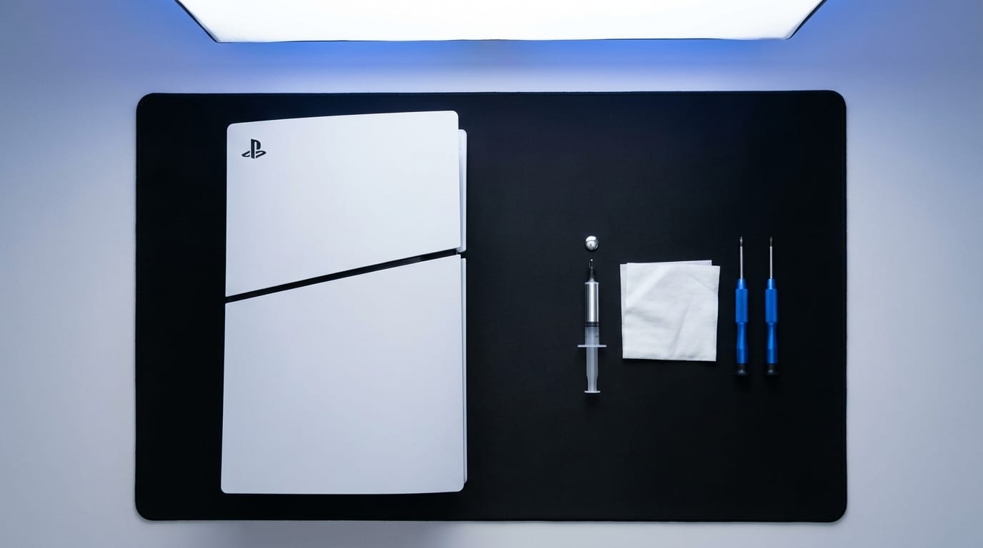 A PlayStation 5 console lying flat on a matte black anti-static repair mat, photographed from overhead beside a syringe of silver liquid metal thermal compound, a lint-free wipe and blue-handled precision screwdrivers