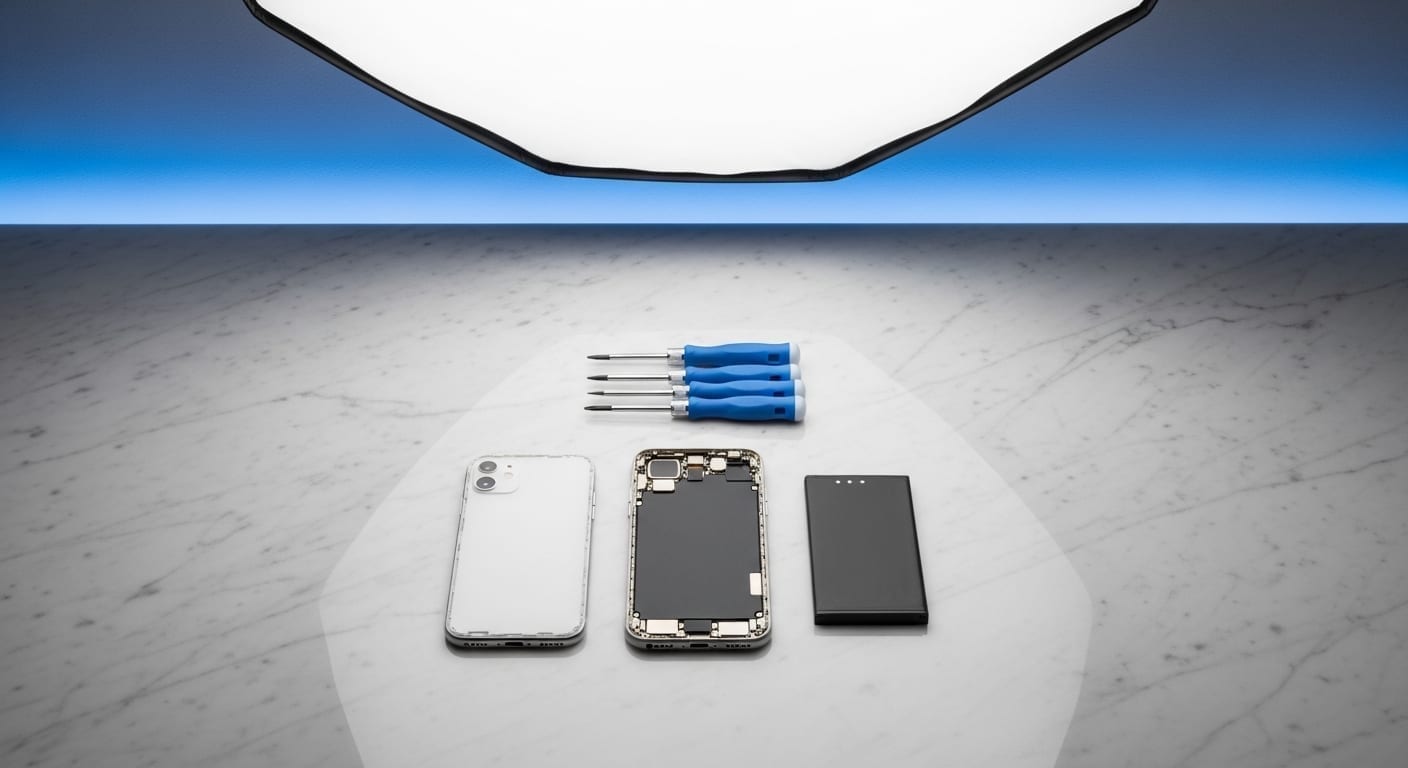 Close-up of a hand removing a smartphone's lithium-ion battery with a plastic pry tool