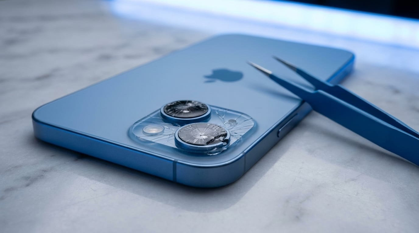 Macro shot of fine tweezers holding a smartphone's rear camera module with multiple lenses clearly visible