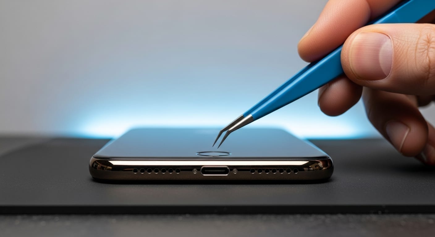 Extreme close-up of a fine-tipped soldering iron repairing a smartphone's USB-C charging port