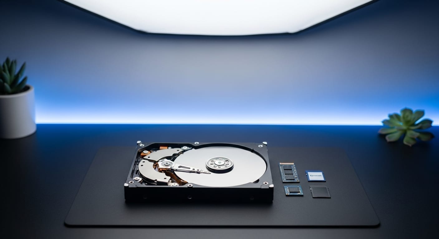 An open laptop hard drive exposing its silver platters and read/write arm under workshop lighting