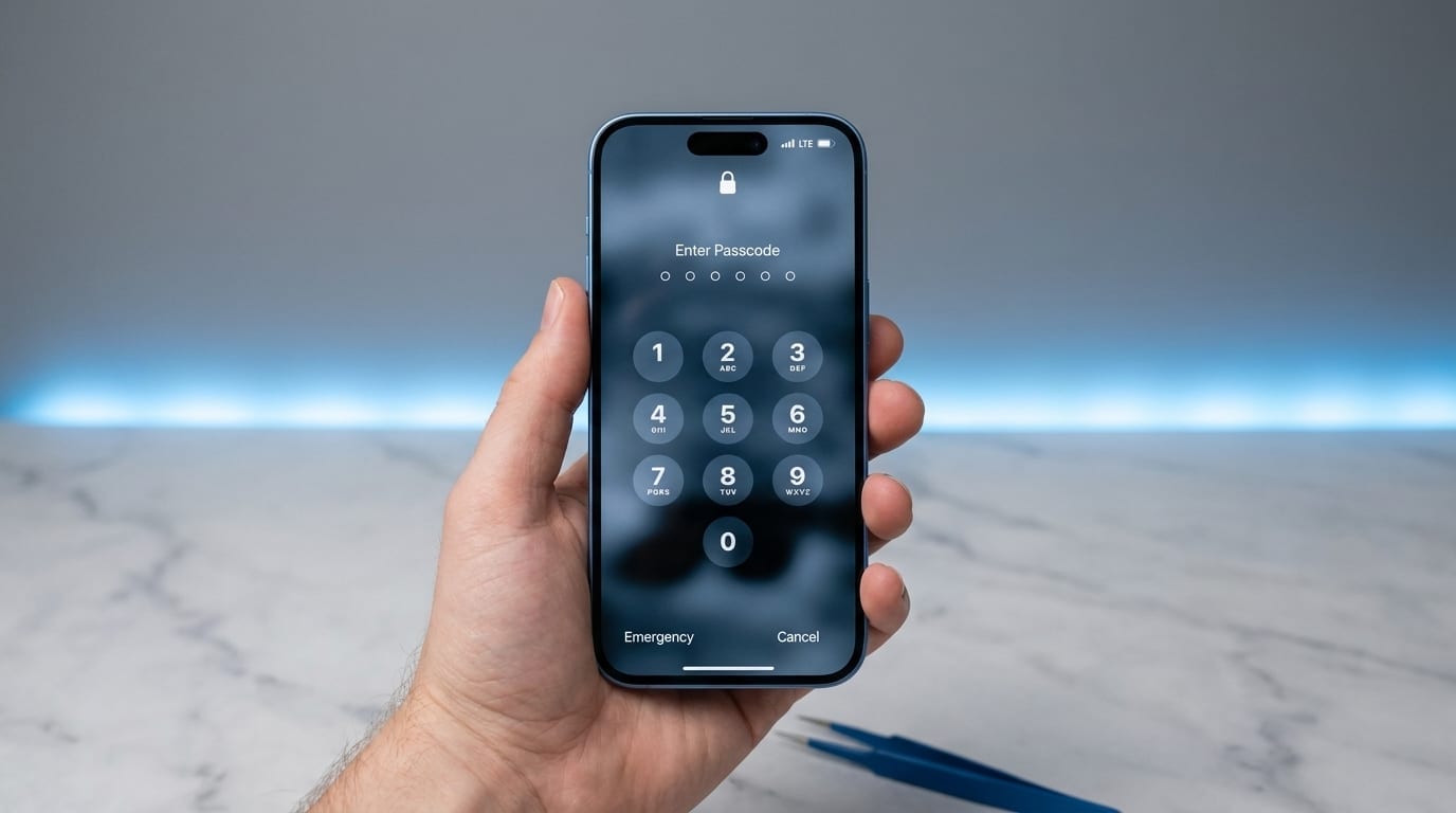 A hand holding a blue iPhone 15 showing the iOS Enter Passcode lock screen, on a marble workbench