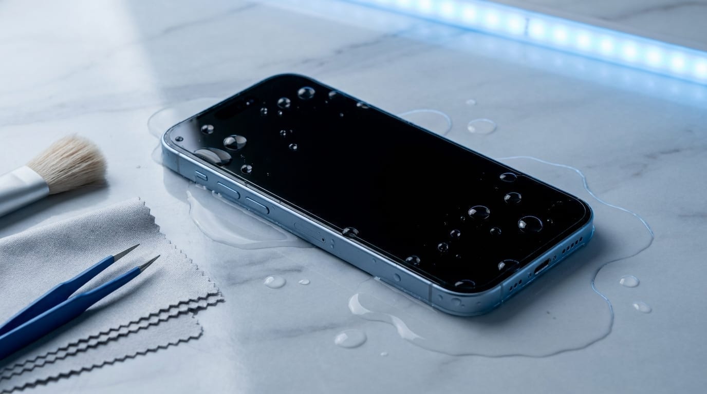 Smartphone fully disassembled on a workshop bench with each internal component laid out for ultrasonic cleaning