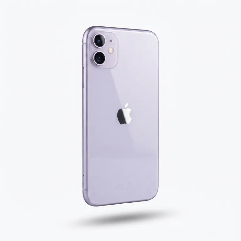 Back view of an Apple iPhone 11 in Purple, refurbished by MTM IT, displaying dual cameras and glossy finish with minimal wear.