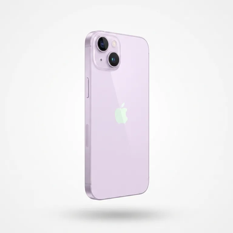 Rear view of purple iPhone 14 with dual camera system and Apple logo, refurbished excellent condition. MTM IT.