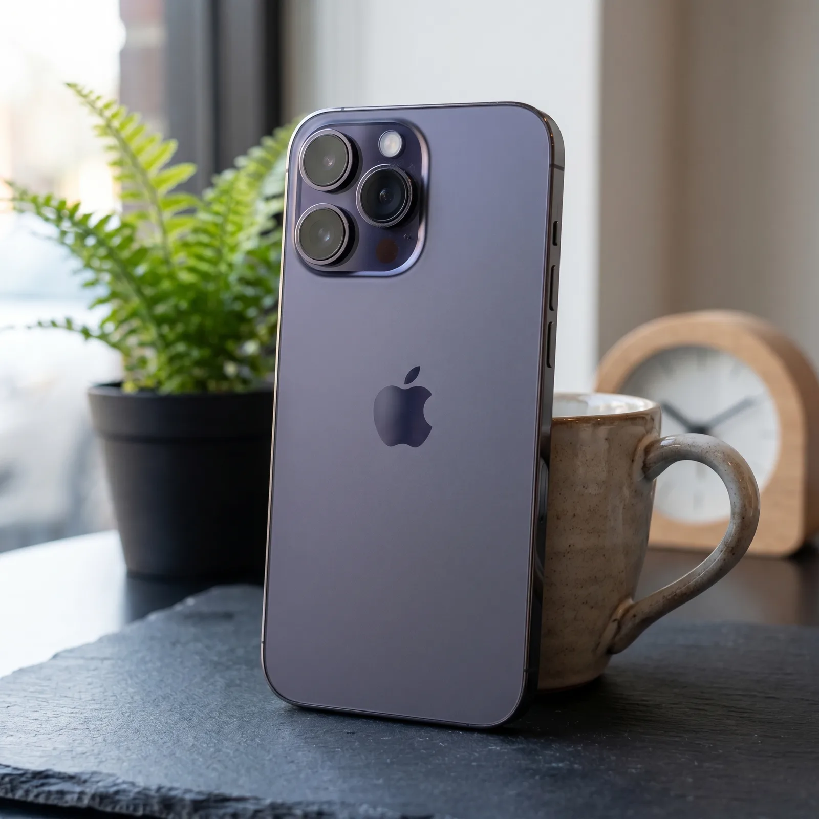 iPhone 14 Pro Max Deep Purple in hand showing Dynamic Island, 90% battery, MTM IT