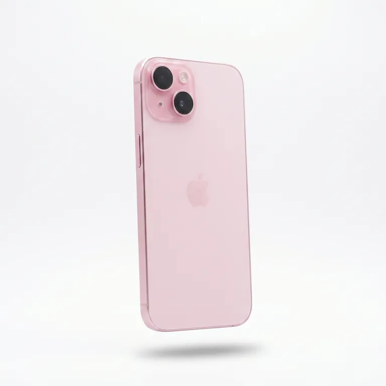 Back view of refurbished Apple iPhone 15 128GB in pink, showing dual camera, MTM IT