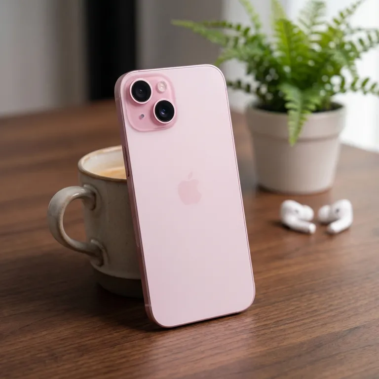 Person holding refurbished Apple iPhone 15 in pink, excellent condition, from MTM IT
