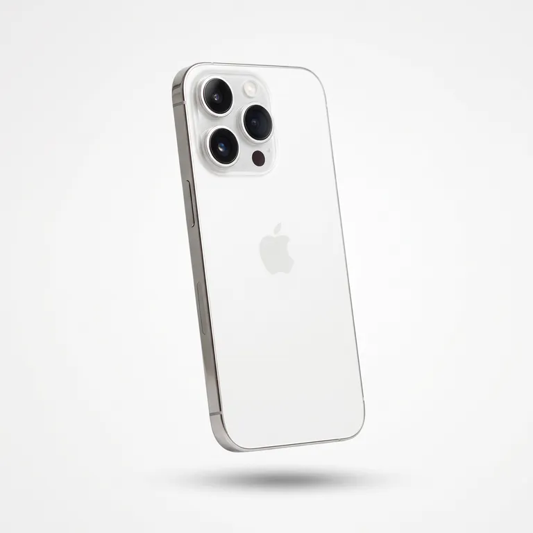 Back view of a refurbished Apple iPhone 15 Pro in White showing triple camera, graded Excellent by MTM IT