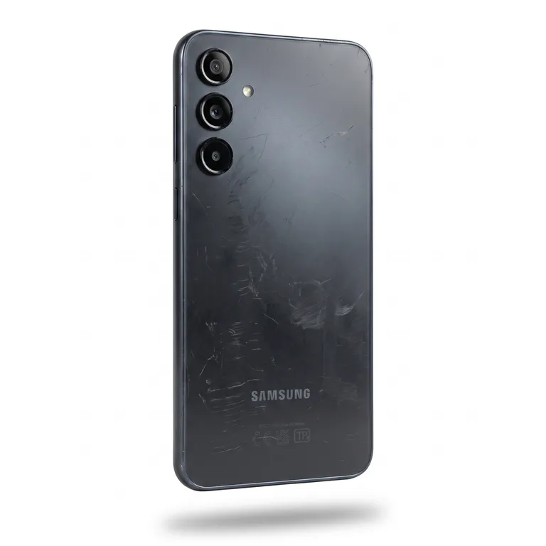 Back of blue Samsung Galaxy A16 with triple camera array, showing minor signs of use, refurbished