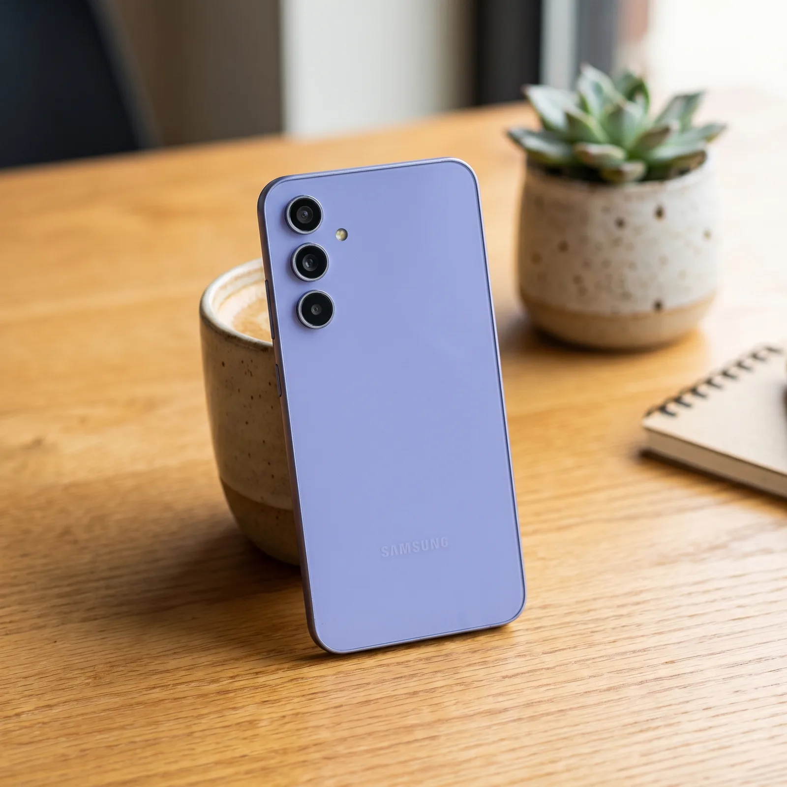 MTM IT refurbished Samsung Galaxy A54 Purple in hand, lifestyle shot with accessories